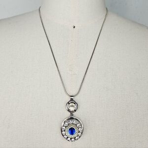 Crystal Rhinestone Silver Snap Necklace with Sapphire Blue Rhinestone Snap